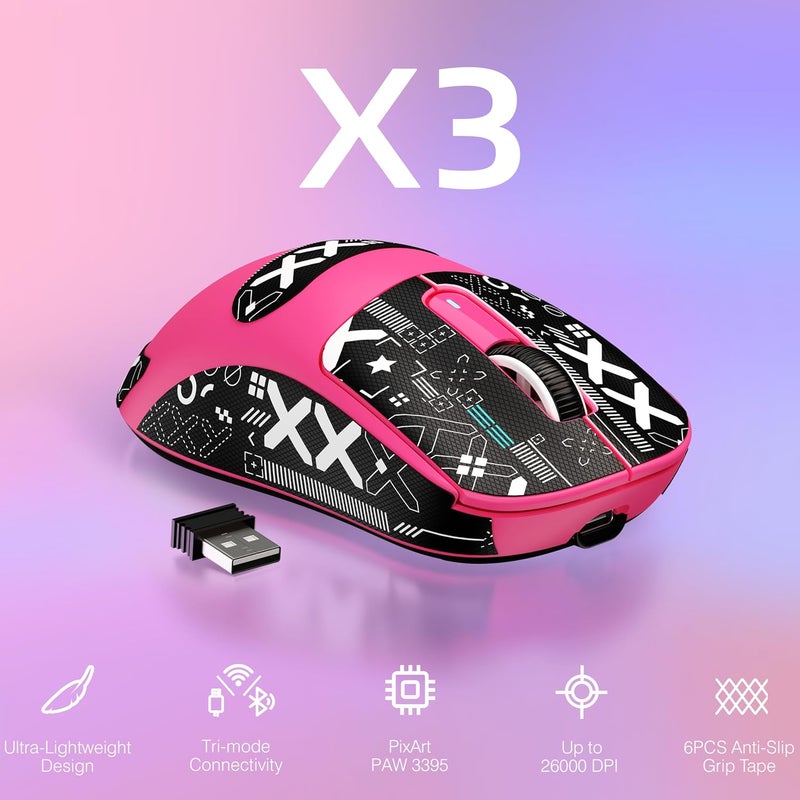 MANBASNAKE × ATTACK SHARK X3 Wireless Gaming Mouse, 49g Lightweight Triple Mode Ergonomic Computer Mouse, PAW3395 26K DPI Sensor,200h Battery Life, Griptape Programmable Buttons for PC/Mac/Win (Berry) - Image 2